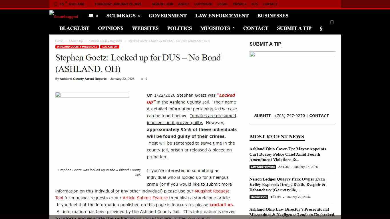 Stephen Goetz: Locked up for DUS - No Bond (ASHLAND, OH) - SCUMBAGGED (.com)